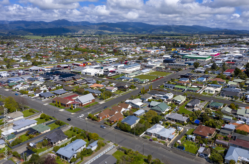 An aerial shot of the landscapes and houses in Levin in New Zealand photo