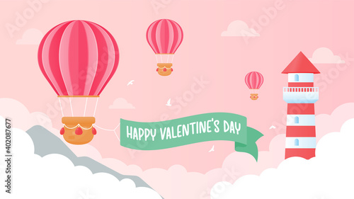 The lighthouse is high above pink clouds with heart balloons floating in the sky on Valentine's Day.
