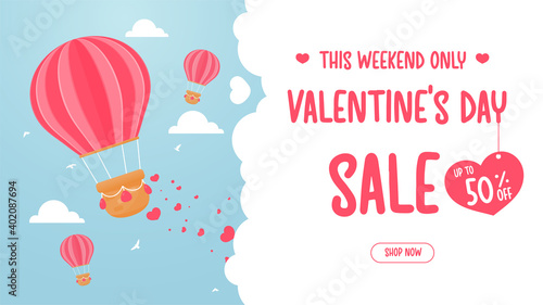 Balloons float in the sky to sprinkle red hearts of love. Valentine day special discount offer ideas