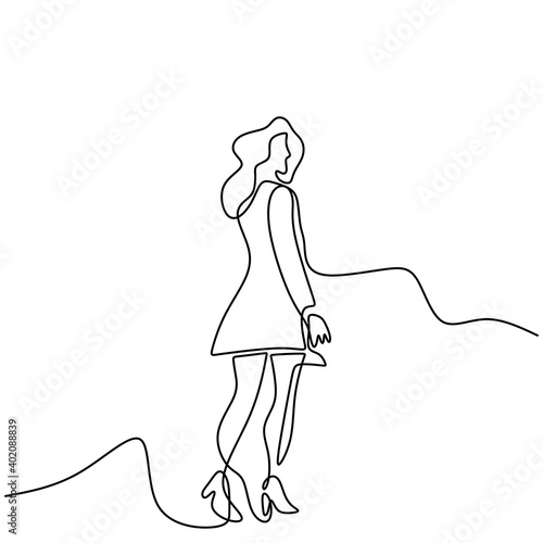 Continuous one line drawing of cheering woman in short dress. Happy young girl with long hair standing pose and wearing cute clothes. Character fashionable female. Vector minimalism design