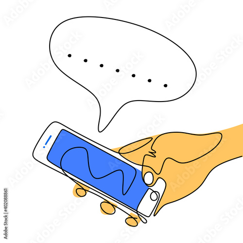 Continuous one line drawing of a human hands holding smartphone. A hand touch screen phone and chatting with blank speech bubble isolated on white background. Minimalism design. Vector illustration