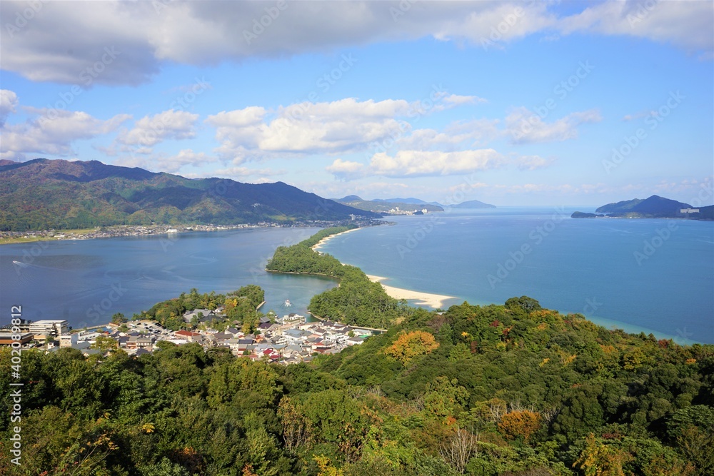 Aerial view of Amanohashidate with red and yellow foliage , Kyoto, Kansai Region, Japan - 京都 日本三景 天橋立 飛龍観 Aerial view of Amanohashidate with red and yellow foliage , Kyoto, Kansai Region, Japan - 京都 日本三景 天橋立 飛龍観
