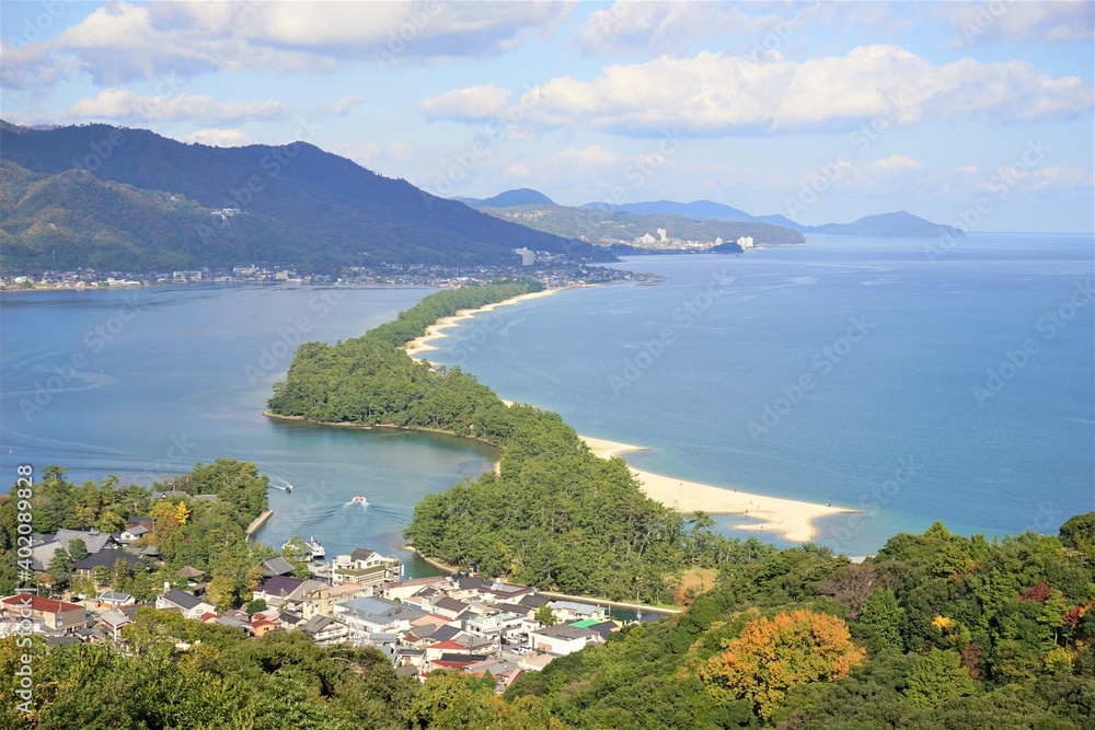 Aerial view of Amanohashidate with red and yellow foliage , Kyoto, Kansai Region, Japan - 京都 日本三景 天橋立 飛龍観	