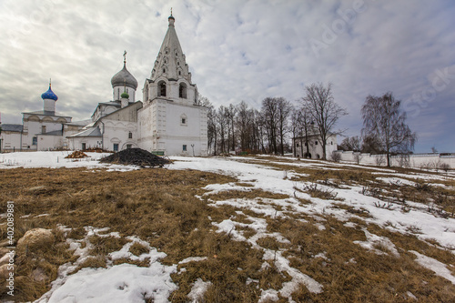 The Cathedral of Theodore Stratilates and Church of the Kazan Icon of the Mother of God in the Feodorovsky Pereslavsky Monastery, during winter photo