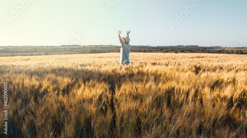 A man enjoy sunset in a field of wheat, joyfull expression of life with a nice landscape background. photo