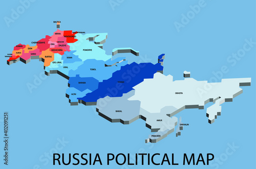 Russia political isometric map divide by state colorful outline simplicity style. Vector illustration.
