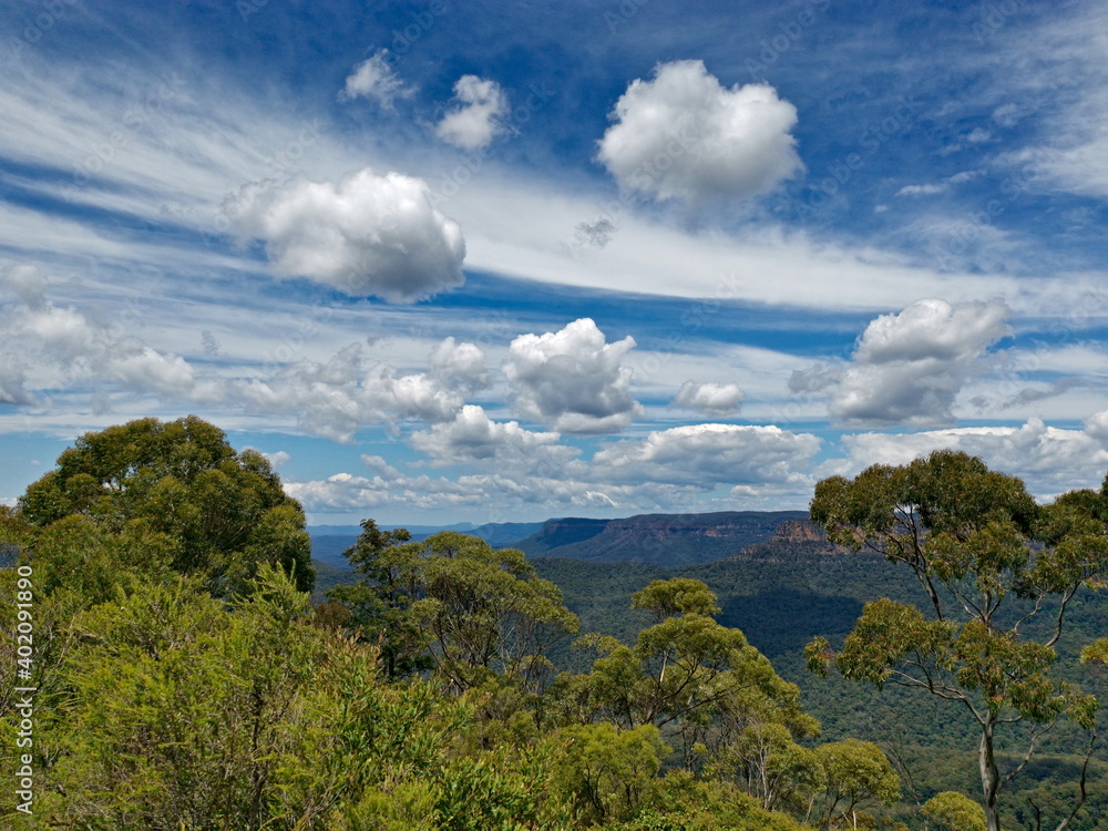 Beautiful view of tall mountains and deep valleys,Three Sisters Lookout, Blue Mountain National Park, New South Wales, Australia

