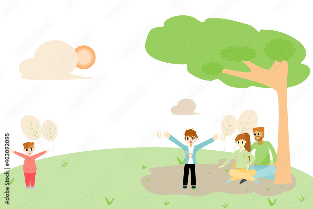 Naklejka premium Parents and children are having fun sitting under the trees in the park. Illustration for content Family activities, holidays, vacations, happiness,