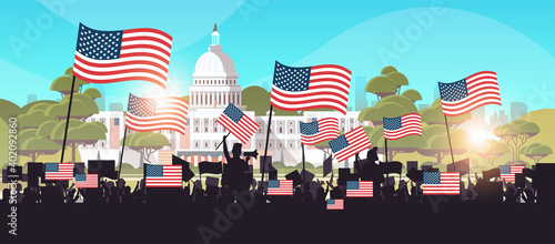 people silhouettes holding placards near white house building USA presidential inauguration day celebration concept cityscape background horizontal vector illustration