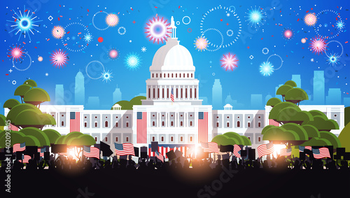 people silhouettes holding american flags near white house building USA presidential inauguration day celebration concept cityscape background horizontal vector illustration