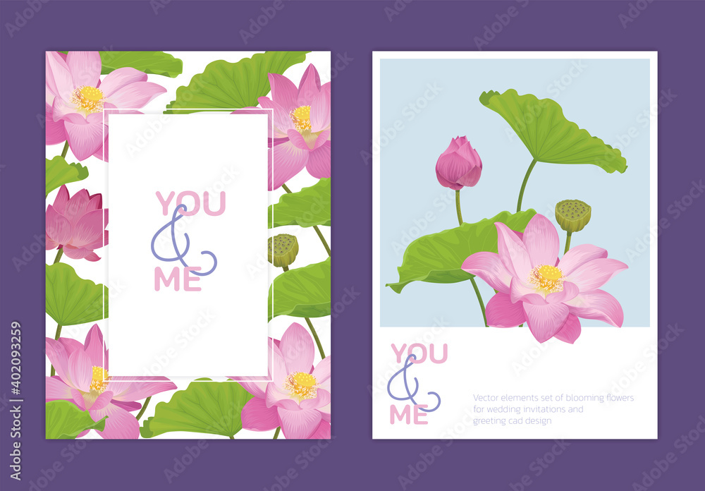 Lotus flower and leaves background template. Vector set of floral element for wedding invitations, greeting card, voucher, brochures and banners design.