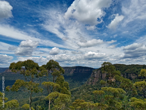 Beautiful view of mountains and valleys  Narrow Neck Lookout  Blue Mountain National Park  New South Wales  Australia 