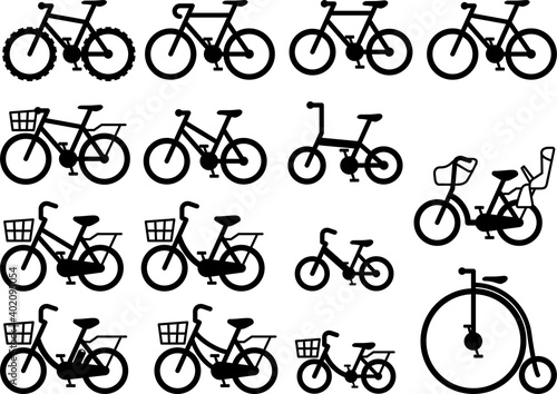 色々な種類の自転車のアイコン、ピクトグラムのセット