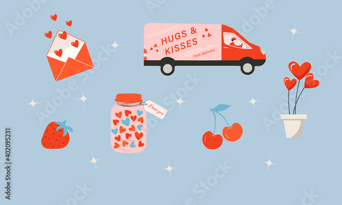 Valentine's day vector illustrations. Set of different love elements. Hand drawn hearts, fortune cookies, fruits, envelope,  truck delivery. Love concept. Cute and sweet isolated flat illustrations.