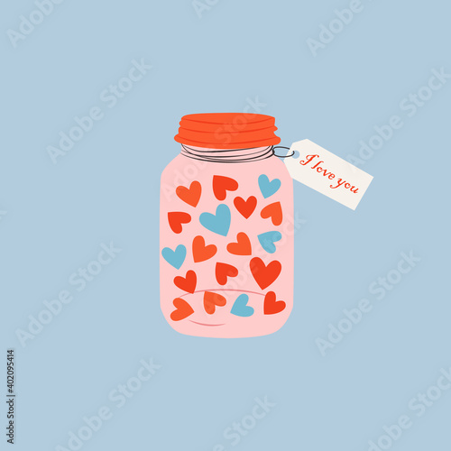 A cute cartoon jar filled with heart. Love and valentine's day concept. Hand drawn  jar with a love message. Colorful trendy vector illustration for greetings, postcard, cards.
