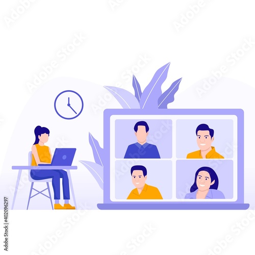 people connecting together, learning or meeting online with teleconference, video conference remote working on laptop computer, work from home and work from anywhere concept, flat vector illustration 