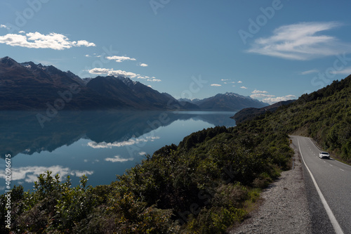 Amazing panoramic view of Lake Wakatipu and the motorway from Queenstown to Glenorchy. New Zeaand, South Island