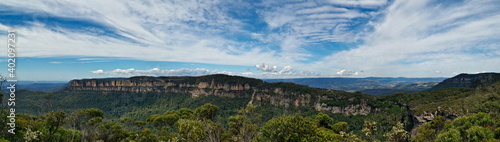 Beautiful panoramic view of mountains and valleys, Landslide Lookout, Blue Mountain National Park, New South Wales, Australia 