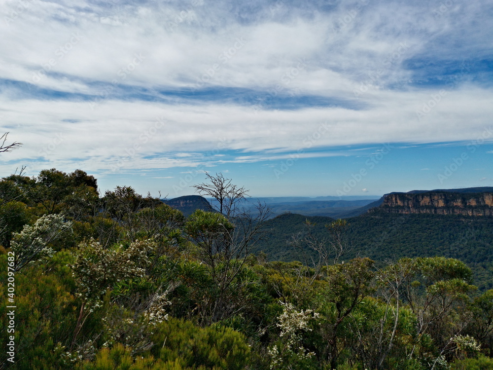 Beautiful view of mountains and valleys, Landslide Lookout, Blue Mountain National Park, New South Wales, Australia
