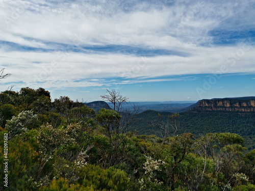 Beautiful view of mountains and valleys, Landslide Lookout, Blue Mountain National Park, New South Wales, Australia 