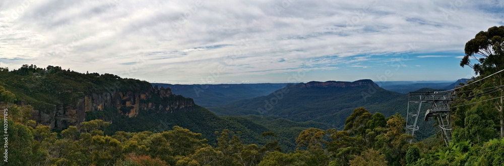 Beautiful panoramic view of mountains and valleys and cable car, Scenic World Lookout, Blue Mountain National Park, New South Wales, Australia
