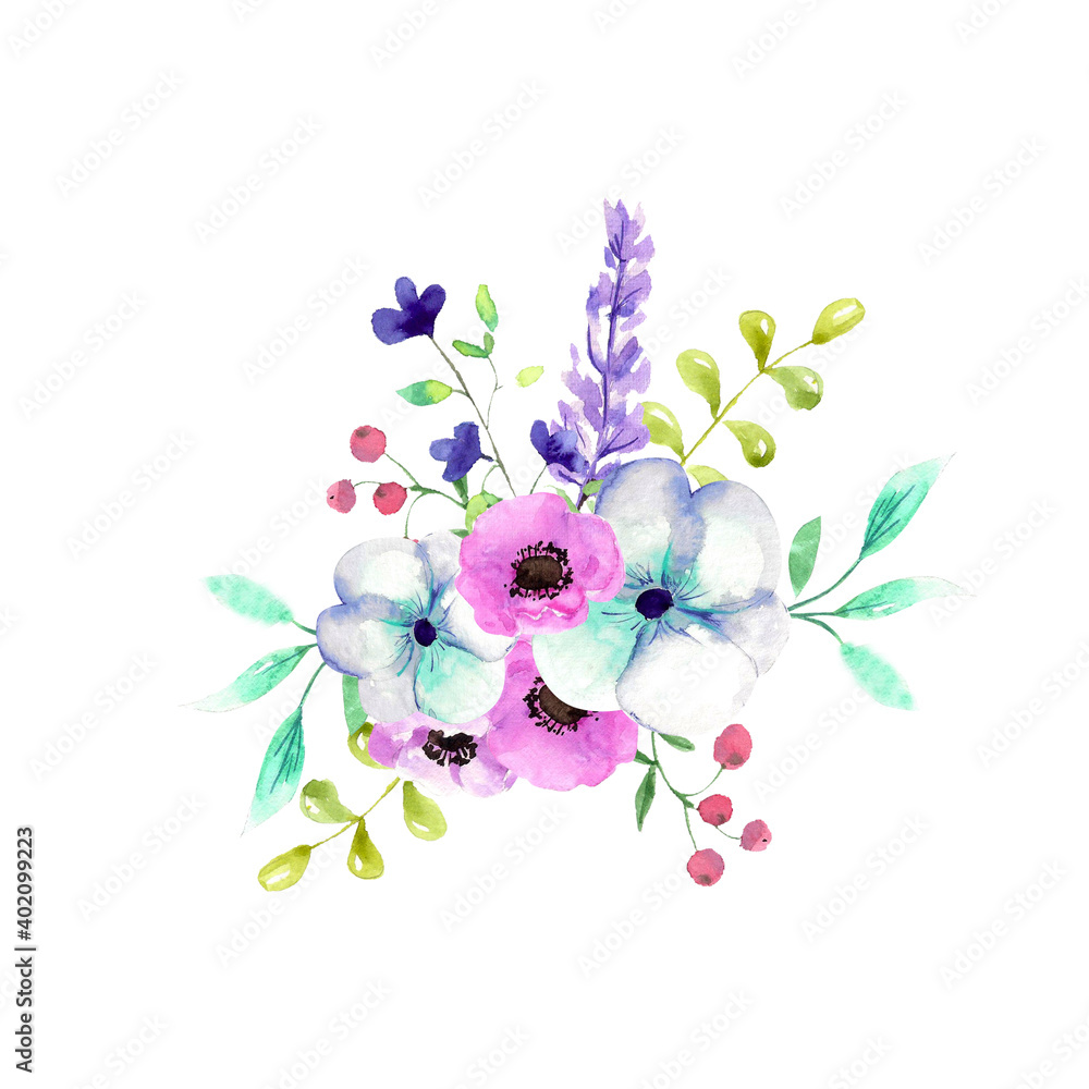 Watercolor illustration. A bouquet of flowers and plants in pastel colors. Element for design