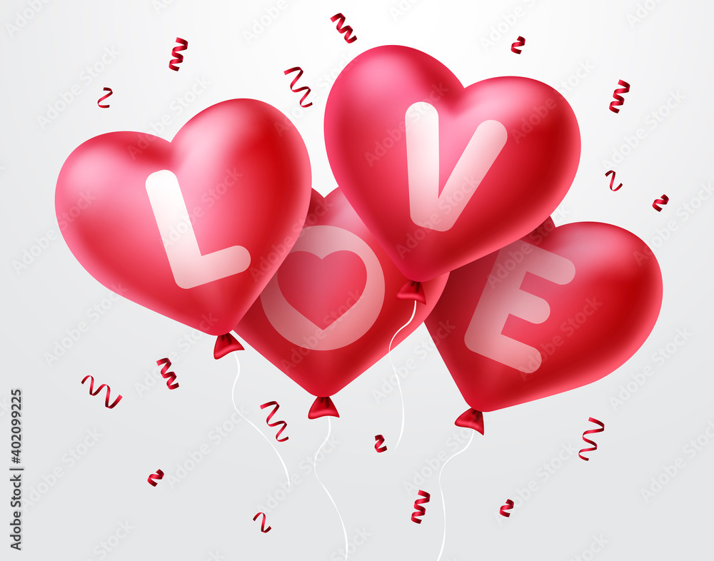 Love heart balloons for valentine's day. Bunch of red heart balloons flying with confetti elements in white background. Vector illustration.