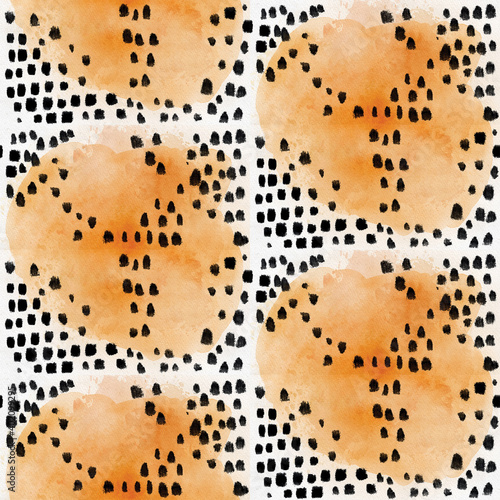 Abstract watercolor seamless pattern  in orange and black color