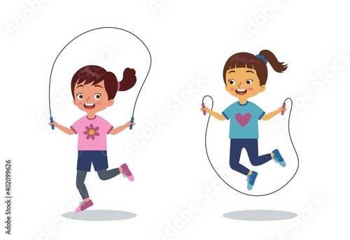 two little girls are playing jumping rope together happily