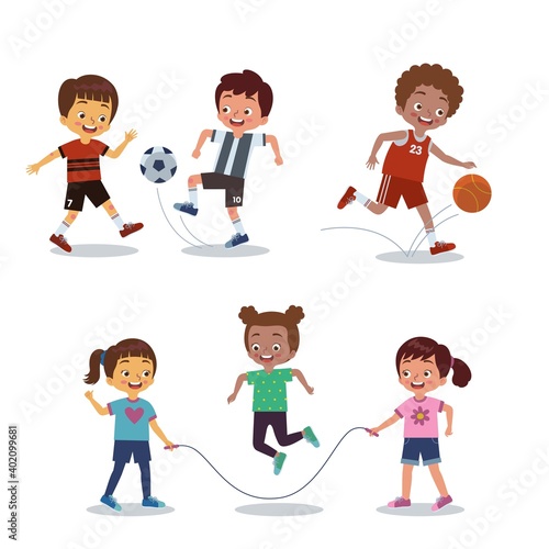 set of pictures of children exercising football, basketball and jumping rope