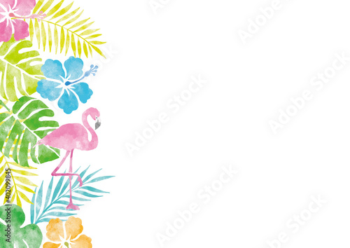 フラミンゴとハイビスカスのフレーム_水彩02