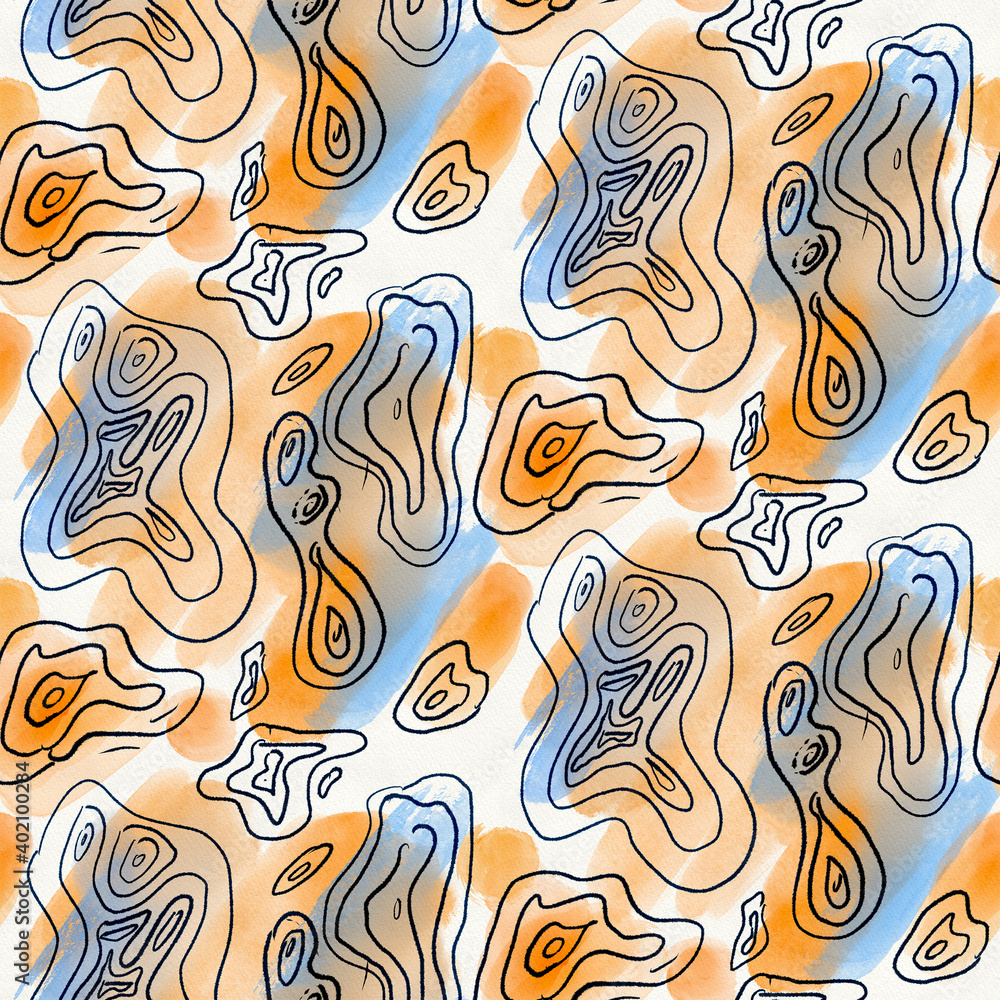 Abstract watercolor seamless patterns in peach and blue