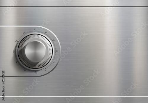 Metal safe door with a combination lock.