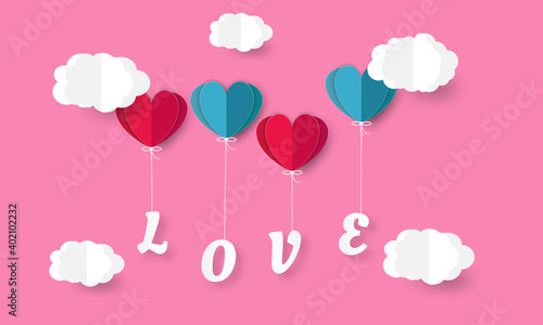Heart balloons in the sky. Valentine s day balloons in a heart shaped and Heart float on the sky. Vector EPS 10.