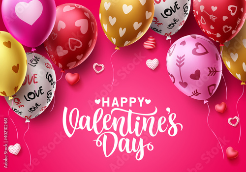 Happy valentines day vector background design. Valentine's day balloons with colorful heart patterns and greeting text for holiday and birthday celebration. Vector illustration. 