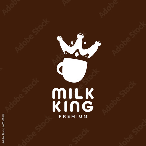 Choco milky milk king logo. milk drink mug cup with splash in king crown shape logo icon illustration