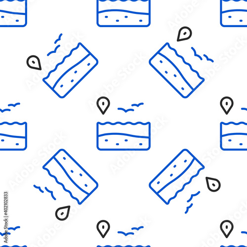 Line Location with beach icon isolated seamless pattern on white background. Tropical beach landscape. Good sunny day. Colorful outline concept. Vector.