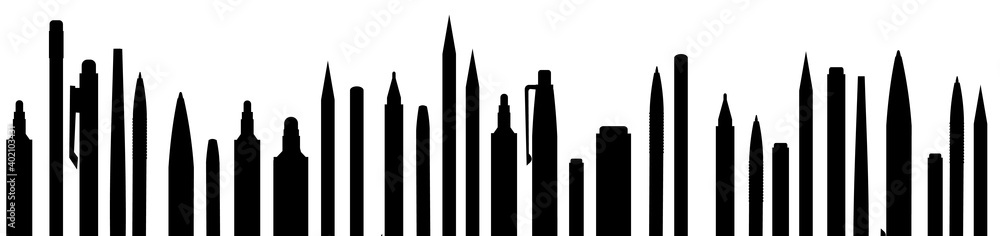 Stationery. Horizontal background silhouette picture for art studio, stationery store, school. Isolated object. Brushes, pencils, felt-tip pens. Bottom frame for banner, poster, business card. Vector Stationery. Horizontal background silhouette picture for art studio, stationery store, school. Isolated object. Brushes, pencils, felt-tip pens. Bottom frame for banner, poster, business card. Vector