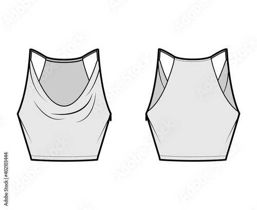 Tank low cowl Crop Camisole technical fashion illustration with thin adjustable straps, slim fit, waist length. Flat outwear top template front, back, grey color. Women men unisex CAD mockup