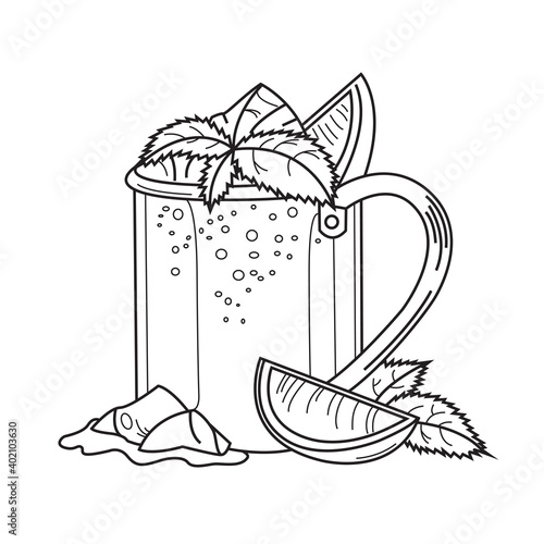 Canvas Print Moscow Mule cocktail with ice and lime in copper mug, black and white vector ill