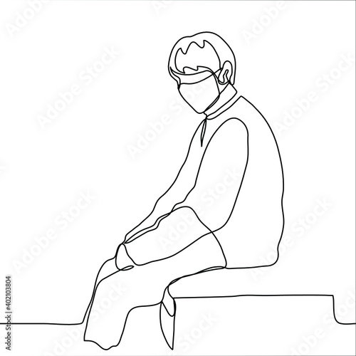 man in a mask sits tiredly on the bed. one line drawing of a man sleepy emaciated wearing a protective mask and the duration of the pandemic. one line drawing frustration, apathy, impotence, fatigue