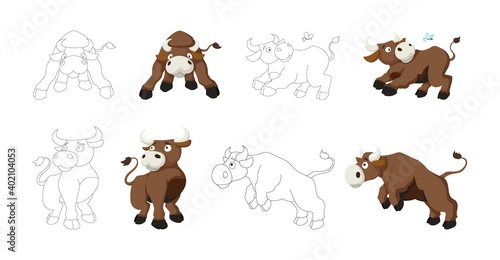 Fototapeta Naklejka Na Ścianę i Meble -  Vector cartoon style illustration of bull farm animal coloring book page set