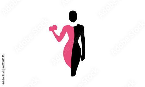 Abstract vector of a woman in pink and black. Half of the body is in a business skirt suit and the other in flexing a muscle and holding a dumbbell. Represents woman balancing work and exercise.