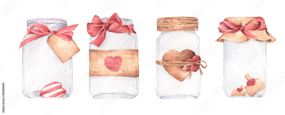 Set of Glass jar with a symbol of Valentine's Day hearts. Valentine's day gift, love concept. watercolor illustration. 