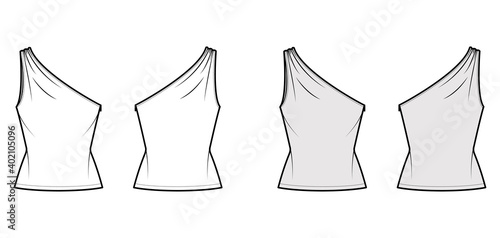 Top One-shoulder with ruching tank technical fashion illustration with fitted slim body, tunic length. Flat outwear shirt apparel template front, back, white grey color. Women, men unisex CAD mockup