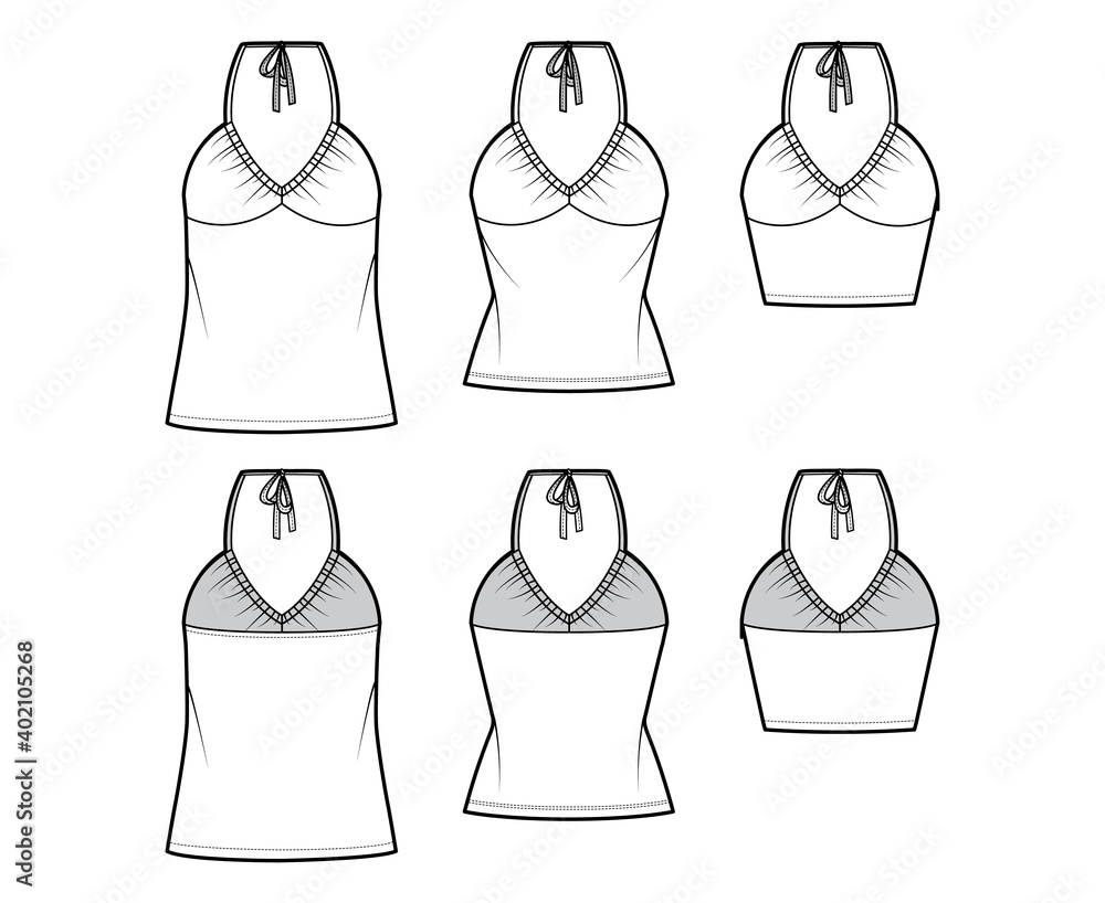 Set of Tops V-neck halter tanks technical fashion illustration with empire seam, thin tieback, slim, oversized fit, bow, crop, tunic length. Flat template front back white color. Women men CAD mockup Set of Tops V-neck halter tanks technical fashion illustration with empire seam, thin tieback, slim, oversized fit, bow, crop, tunic length. Flat template front back white color. Women men CAD mockup