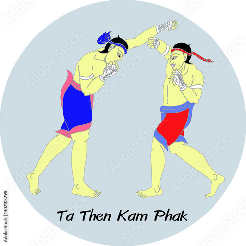 The Thai Art of Boxing, A Thai Heritage, Major Thai-style boxing winning card : 15 styles.
 1 of 15 styles of  Mae Mai Muay Thai.This style is called Synod Pole the Pods. 
(Ta Then Kam Phak)