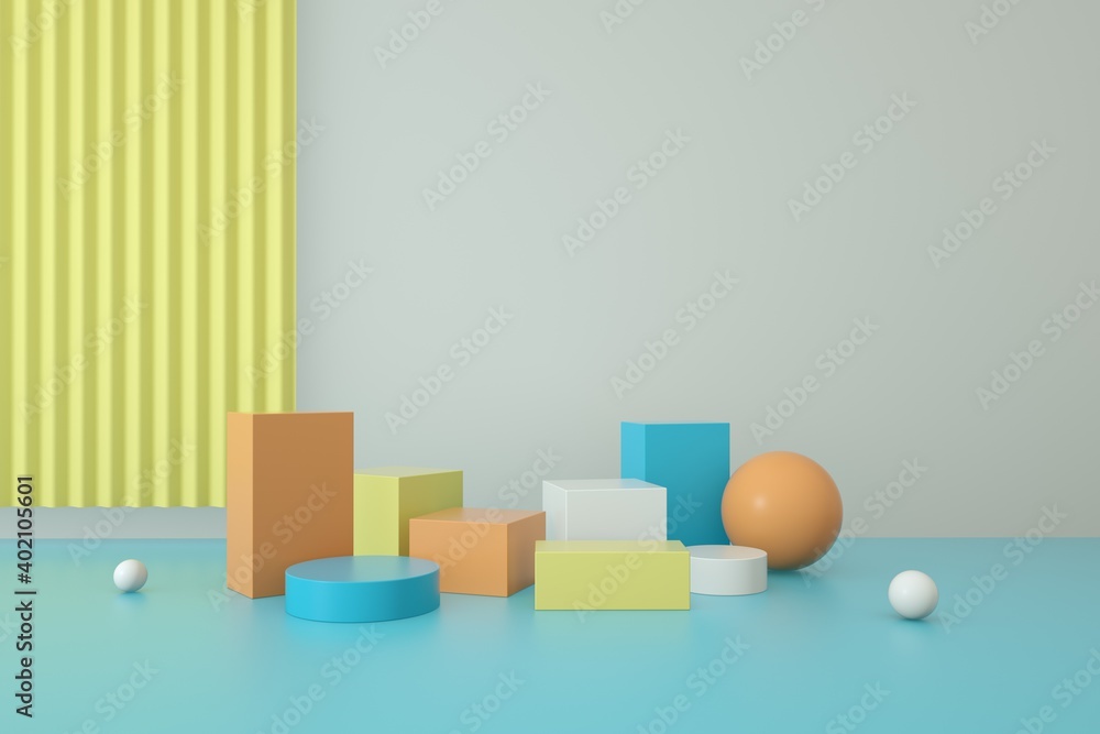 3D rendering of the colorful geometric background. Geometric shapes in modern minimal design. Minimalistic mock up for promotion, cosmetic background, product show.