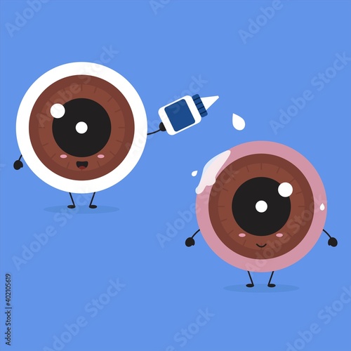 Healthy eye put eye drops to conjunctivitis eye. Kawaii eye character.