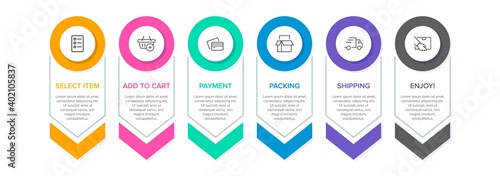 Concept of shopping process with 6 successive steps. Six colorful graphic elements. Timeline design for brochure, presentation, web site. Infographic design layout.